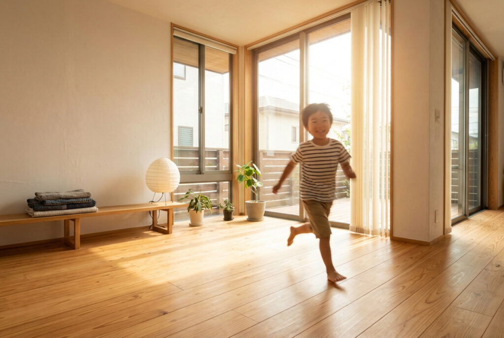 無垢フローリングの明るいリビングで子どもが走り回る様子。大開口の窓から光が差し込む耐震等級3の住まい