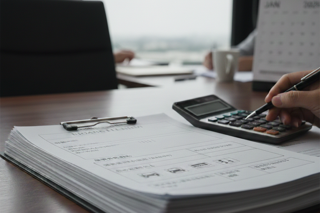 電卓と書類を前に、家づくりのための資金計画や予算について検討しているデスクの手元。