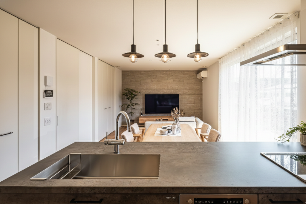 キッチンからリビングダイニングを見渡す注文住宅の内観。ペンダントライトと木の質感が調和した落ち着きある空間。