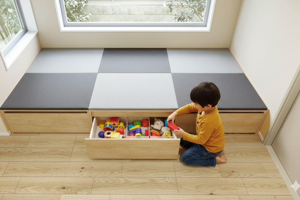 小上がりのタタミコーナー下にある引き出し収納から、おもちゃを取り出す子供の様子。