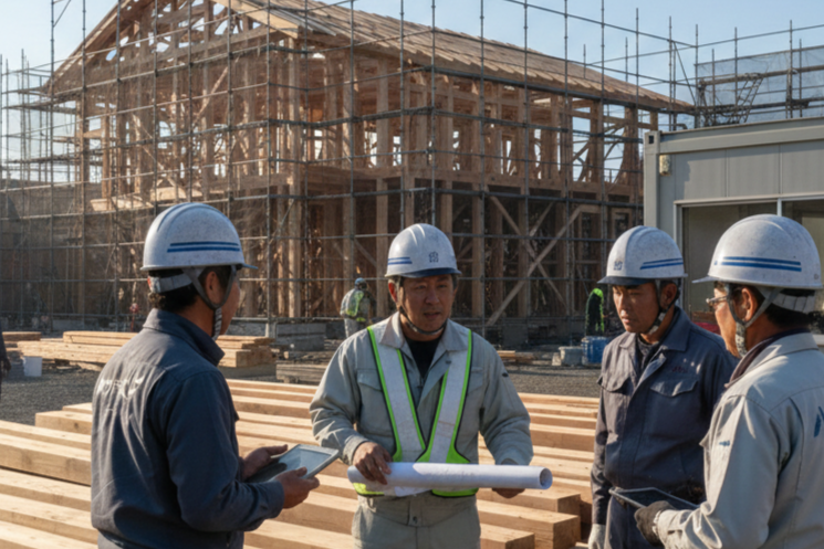 木造住宅の建て方現場で図面を見ながら打合せを行う施工担当者たち。耐震等級3に基づく施工確認の様子