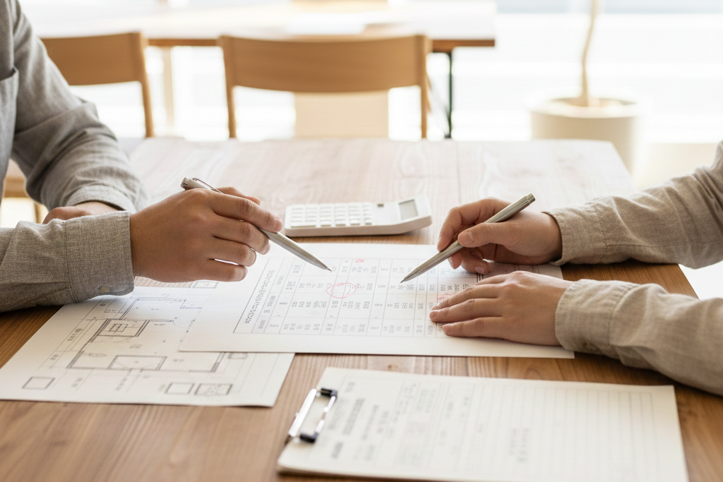 間取り図を広げ、電卓を使って家づくりの予算を具体的にシミュレーションする打ち合わせの様子。