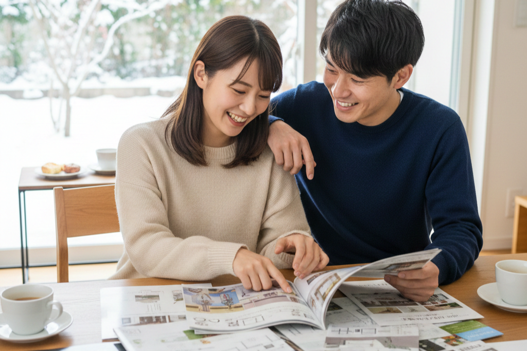 冬の庭を背景に、リビングのテーブルで資料を広げて家づくりの相談をする笑顔の30代夫婦。