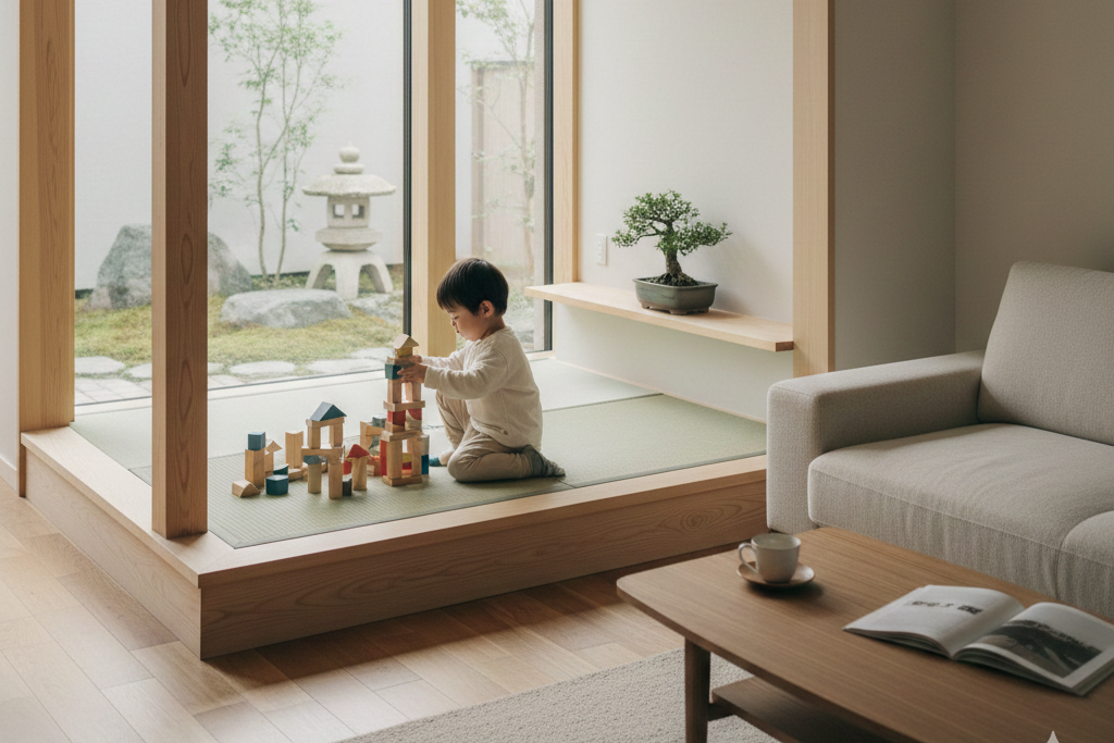 窓際にあるタタミコーナーの小上がりで、積み木遊びに夢中になる子供の様子。