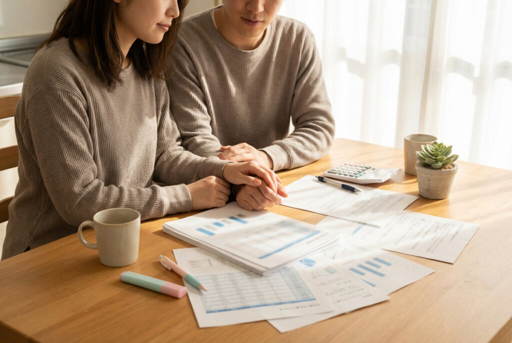 完成見学会の個別相談で、資金計画や見積書の内容を夫婦でじっくりと確認する様子