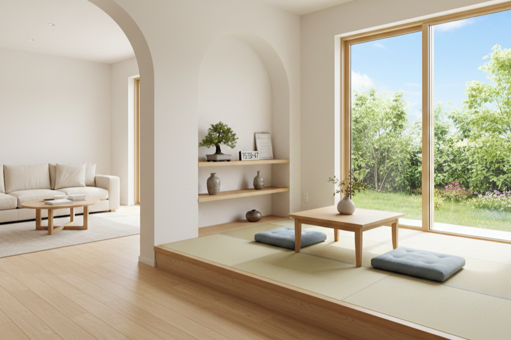 リビング横に設けられたアーチ壁がおしゃれな小上がりのタタミコーナー。