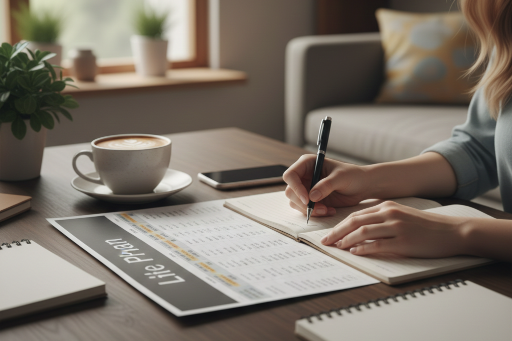 カフェのような落ち着いた空間で、ライフプラン表を作成しながら将来の家計を整理する女性の手元。