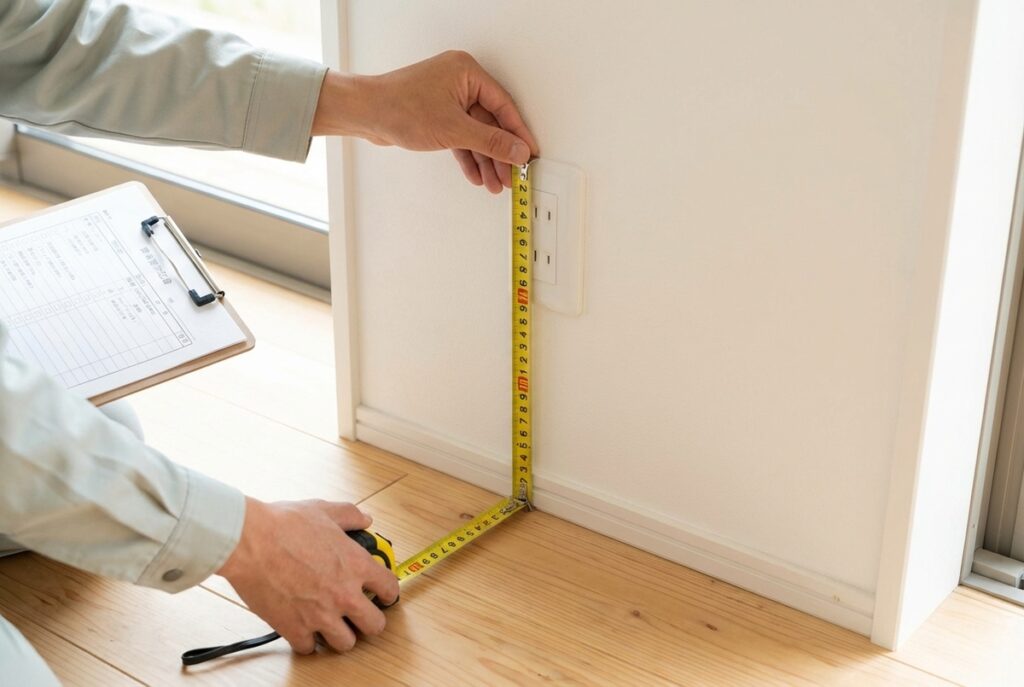 コンセント位置の正確な高さをメジャーで計測する確認作業