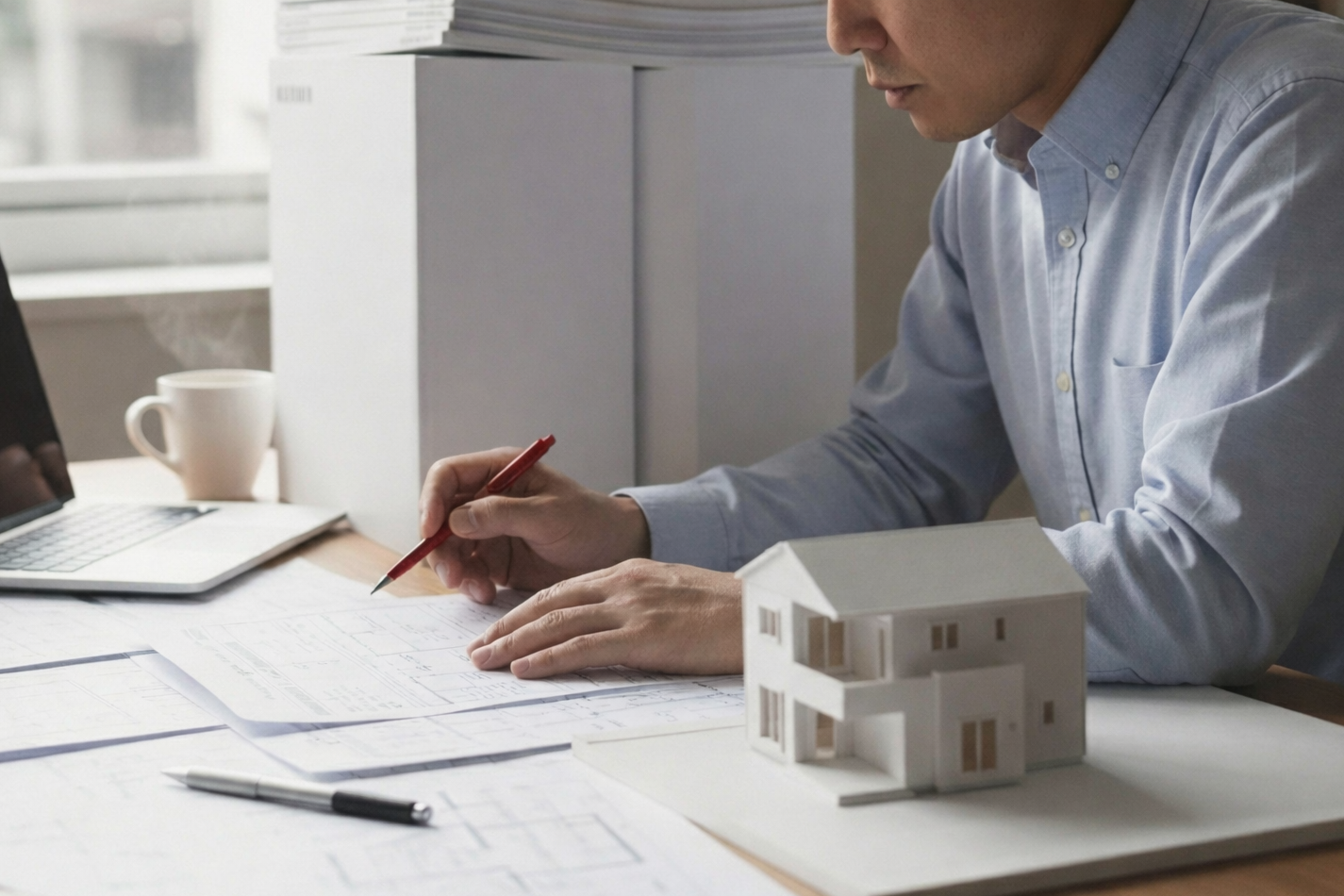 住宅模型と設計図を前に計算書を確認している設計担当者。耐震等級3のための構造計算を行うイメージ