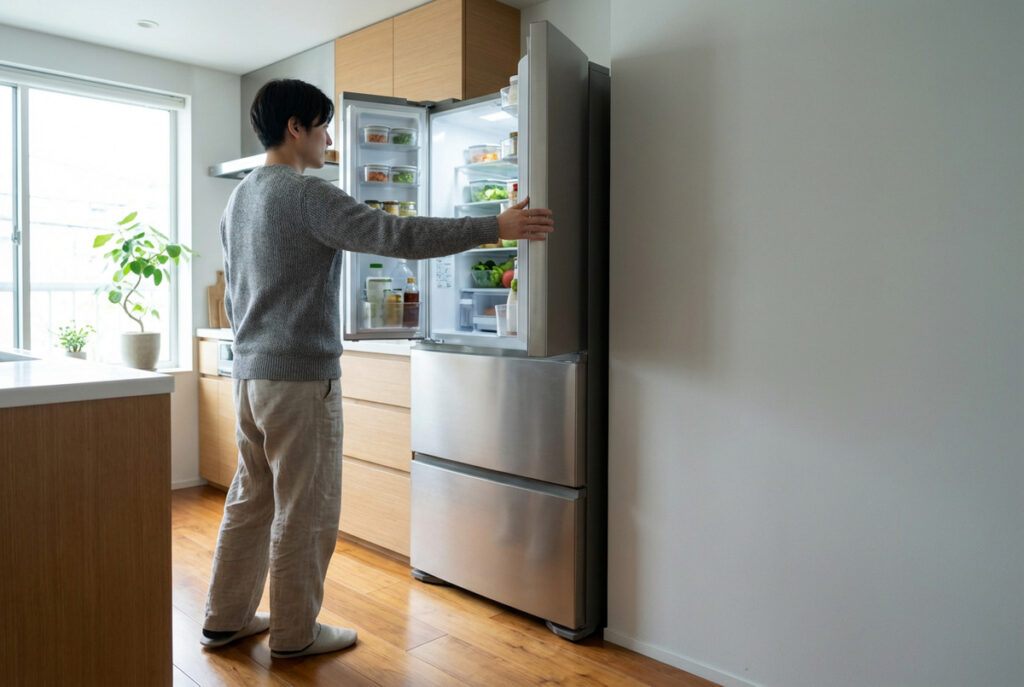 パントリーや冷蔵庫の配置などキッチンの動線を確認するシーン