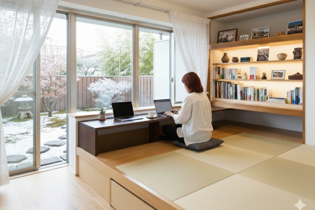 雪景色の庭を眺めながら、小上がりのタタミコーナーに設置されたデスクで仕事をする女性。