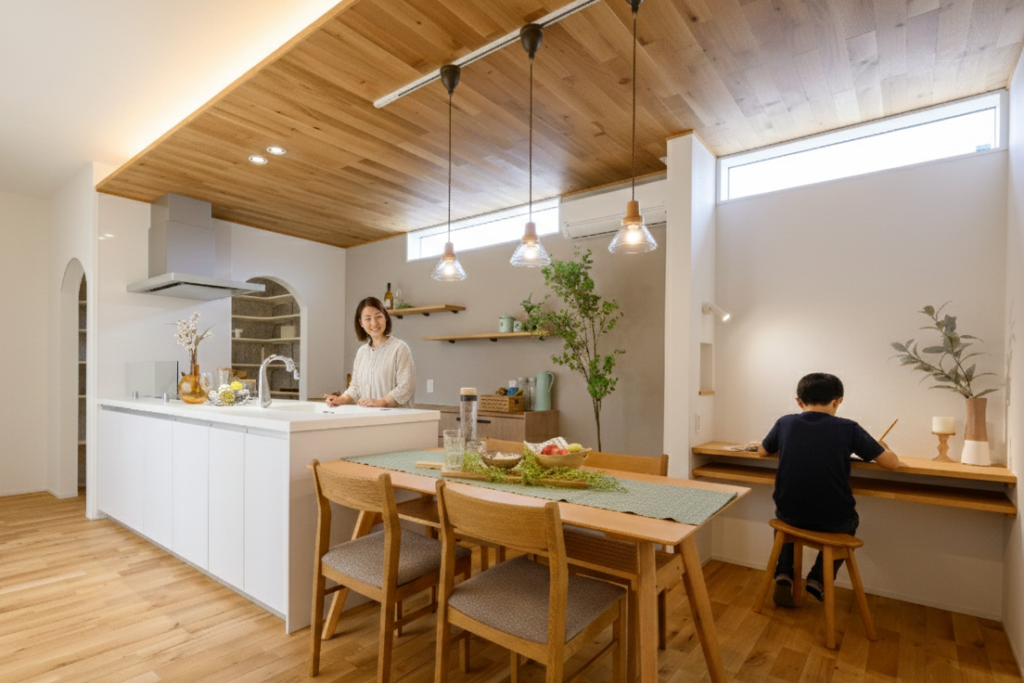 木目調の天井と白いアイランドキッチンが調和した空間で、穏やかに暮らしを楽しむ家族の日常。