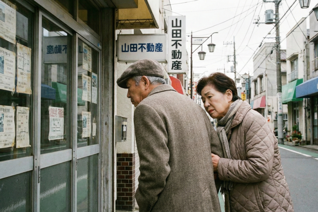 不動産屋の物件案内を不安げに見つめる高齢の夫婦。リタイア後の賃貸住宅確保のリスクを象徴。