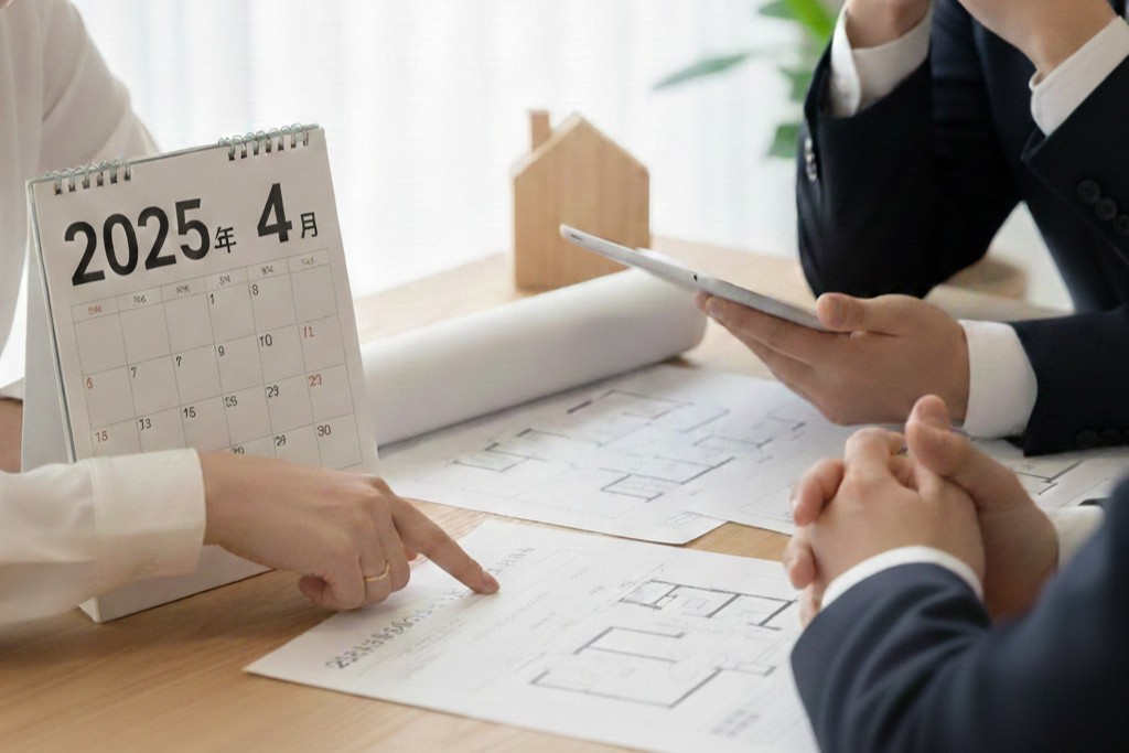 間取り図と工程表を見ながら打ち合わせをしている様子。耐震等級3の設計内容を説明する場面