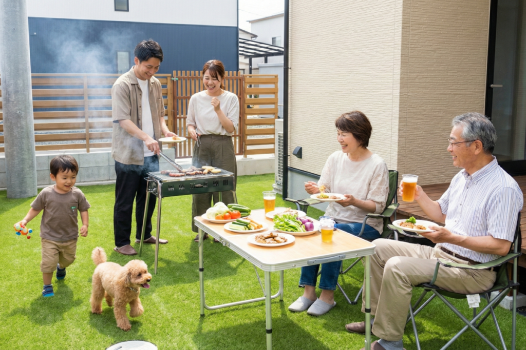 庭でバーベキューを楽しむ三世代家族。山口県で持ち家を持つことで叶う豊かな暮らしの風景。