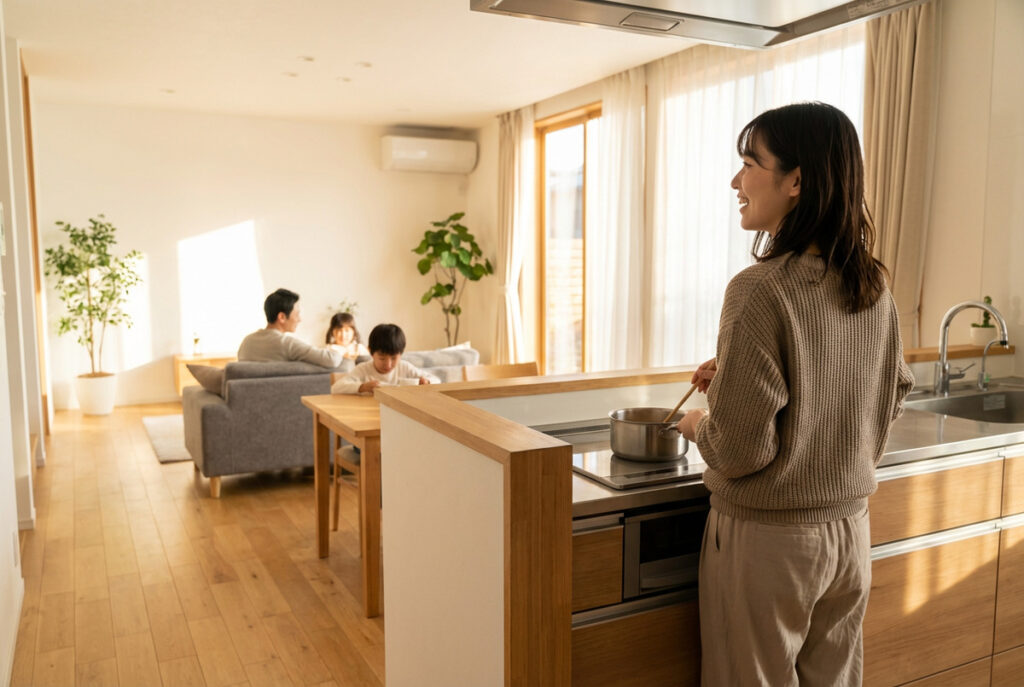 明るい光が差し込むLDKで料理をする女性とリビングでくつろぐ家族の風景