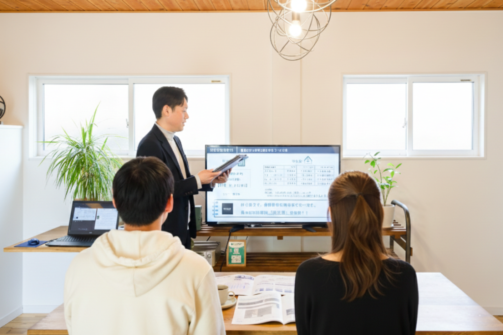 モニターを使い、夫婦に住宅プランのプレゼンテーションを行うスーツ姿の住宅コンサルタント