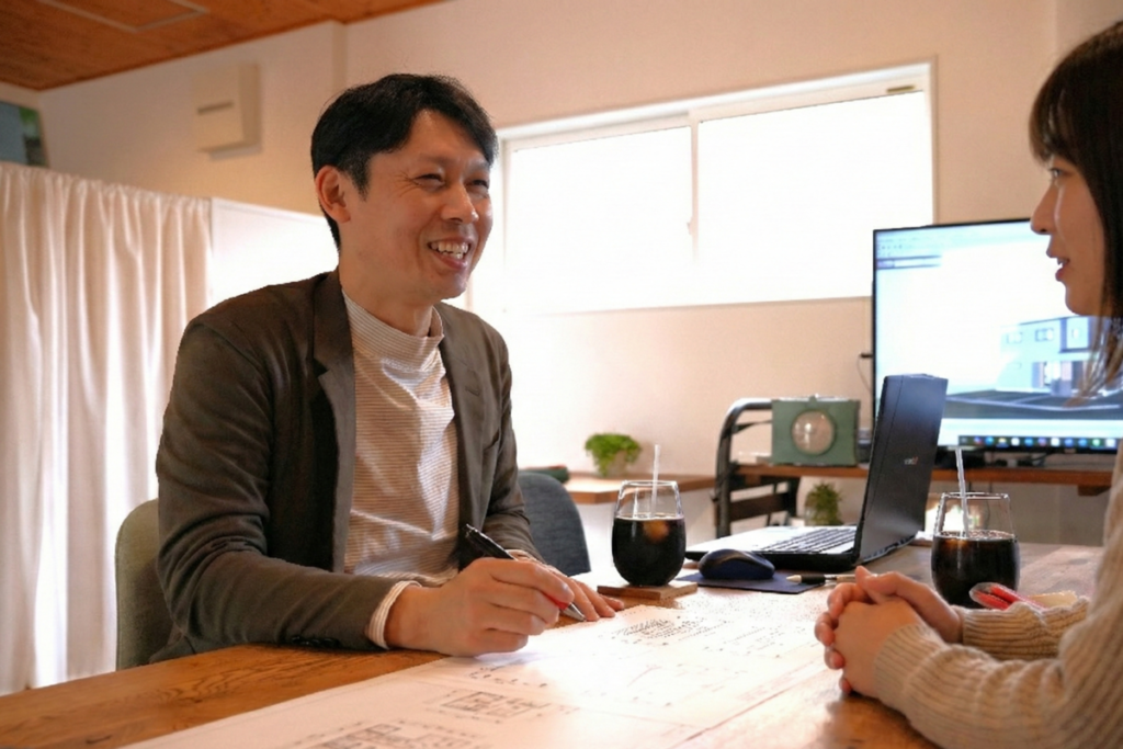 明るい打ち合わせスペースで、図面を広げながら笑顔で対話するスタッフとお客様。