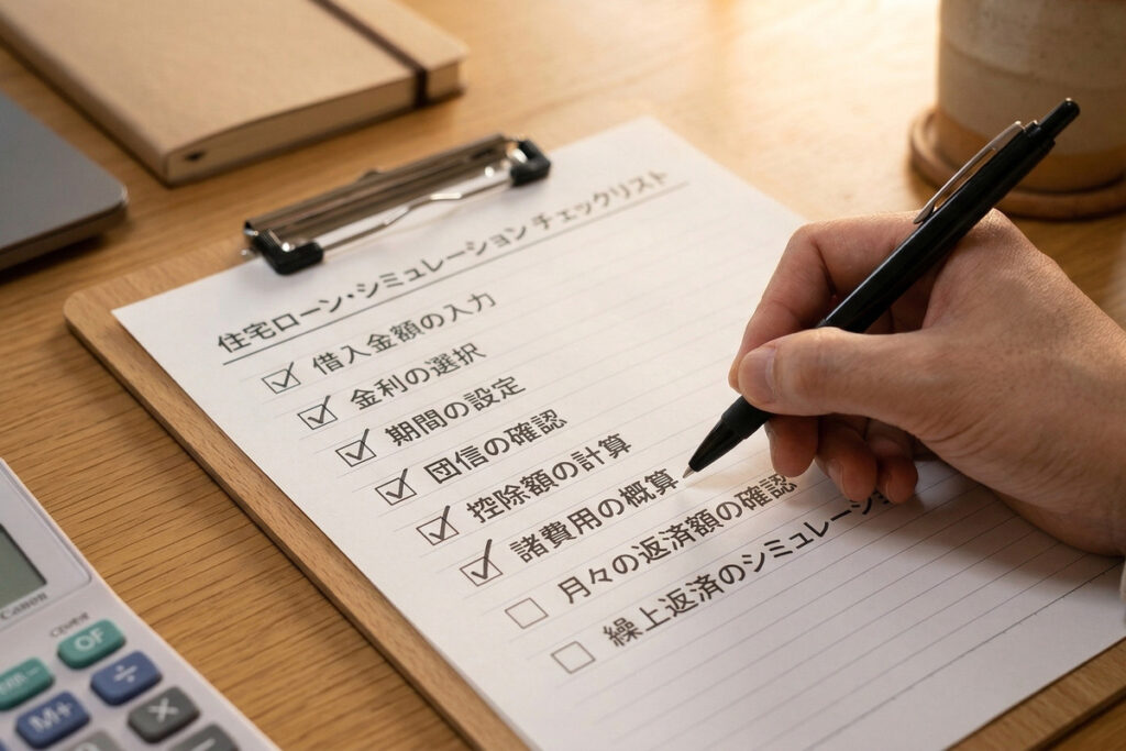 クリップボードに固定された住宅ローン・シミュレーションのチェックリストを記入する手元。