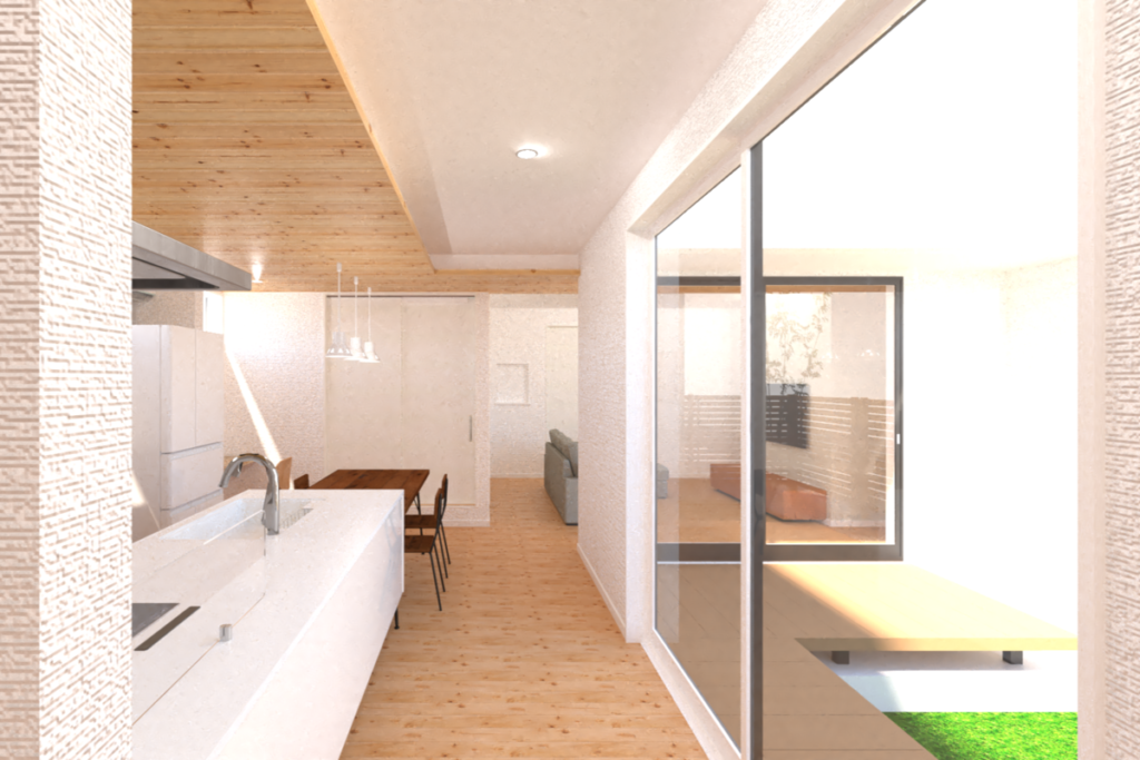 自然素材を活かしたリビングとウッドデッキが繋がる、開放的な住まいのパース画像