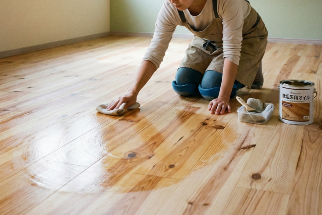 専用のオイルを布に染み込ませて無垢床に塗布するメンテナンス風景