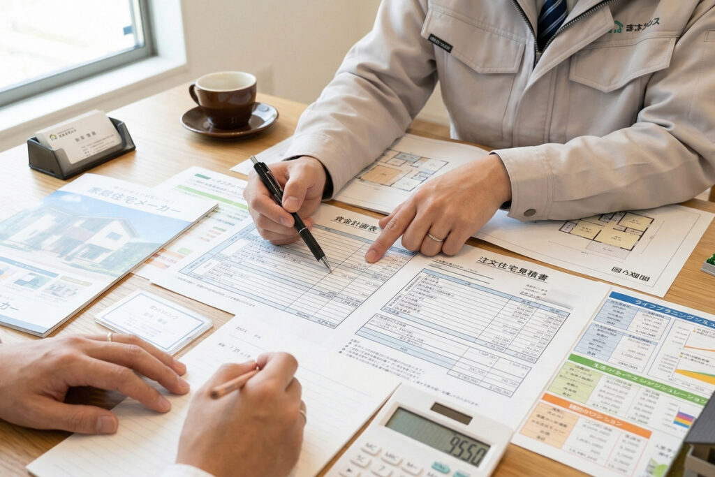 住宅メーカーのスタッフが資金計画表や注文住宅の見積書を指し示しながら説明する様子。