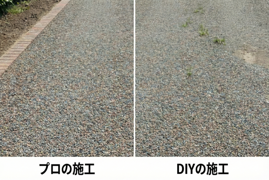 プロの施工による整った砂利敷きとDIYによる雑草が生えた砂利敷きの比較