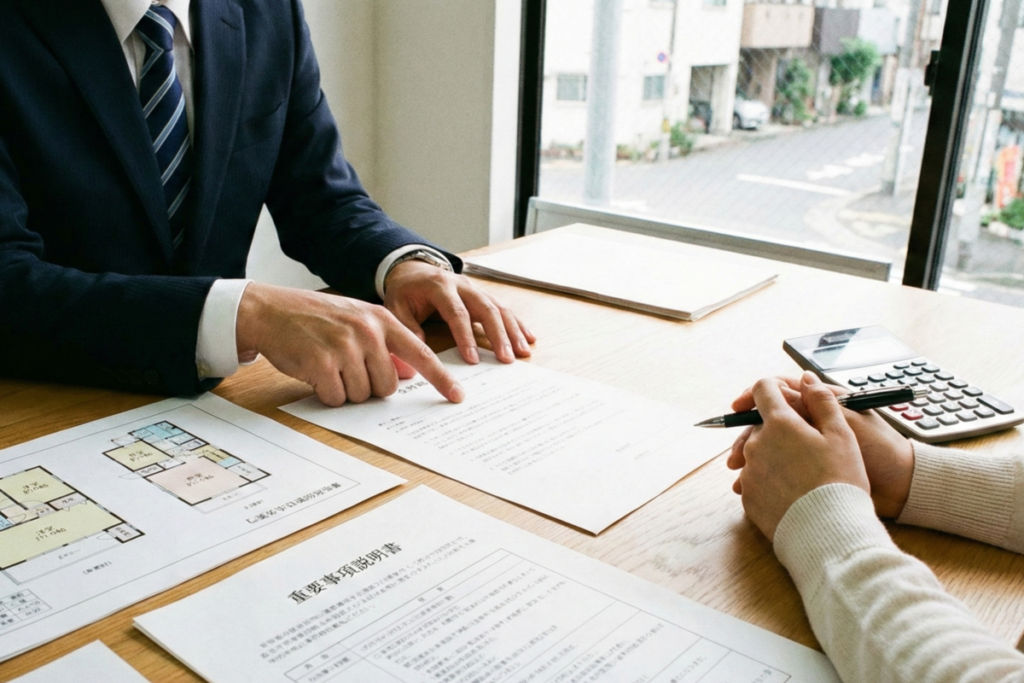 住宅会社の担当者が重要事項説明書を指し示しながら、分譲地購入前の契約内容を解説している様子。