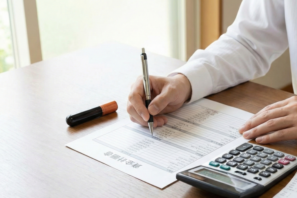 資金計画書を前に電卓とペンを使い、土地探しと並行して予算を検討する専門スタッフの手元