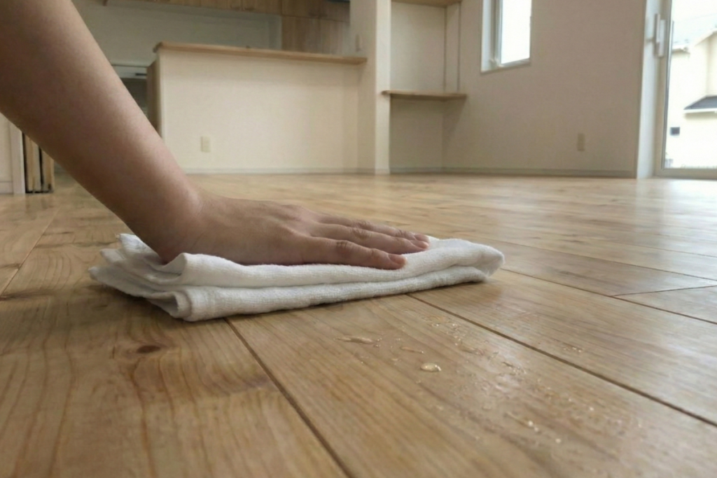 無垢床にこぼれた水滴を白い布で優しく拭き取る様子