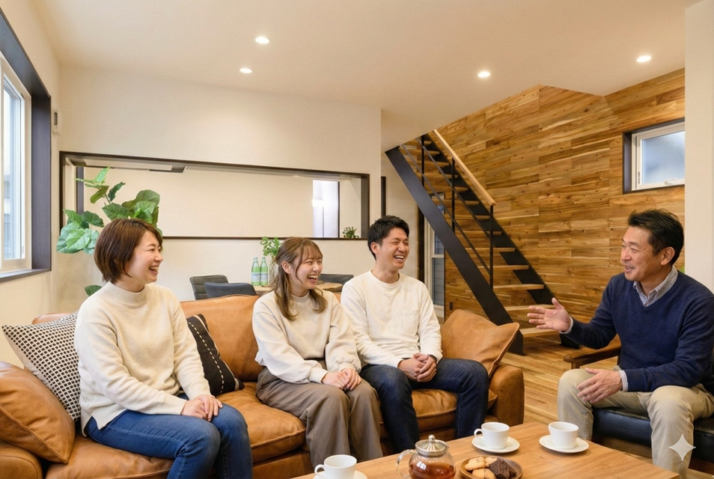 木目調のアクセントウォールが印象的なリビングで、若い夫婦とシニア世代の男性が、お茶を囲んで笑顔で歓談している様子。