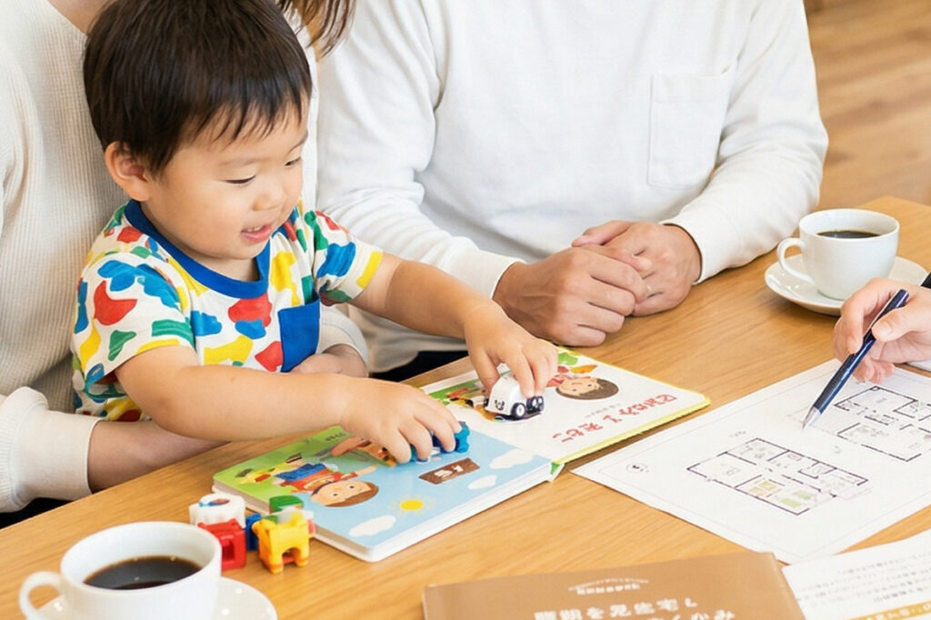 家づくりの打ち合わせ中、テーブルで間取り図を前に絵本やミニカーで遊ぶ子どもと、それを見守りながら相談を進める両親。