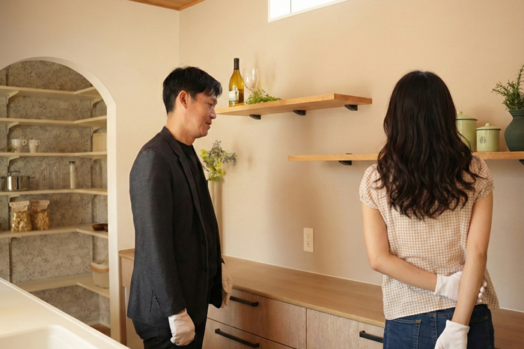 白手袋をしたスタッフが、キッチン横のパントリーや飾り棚について女性に説明している様子。