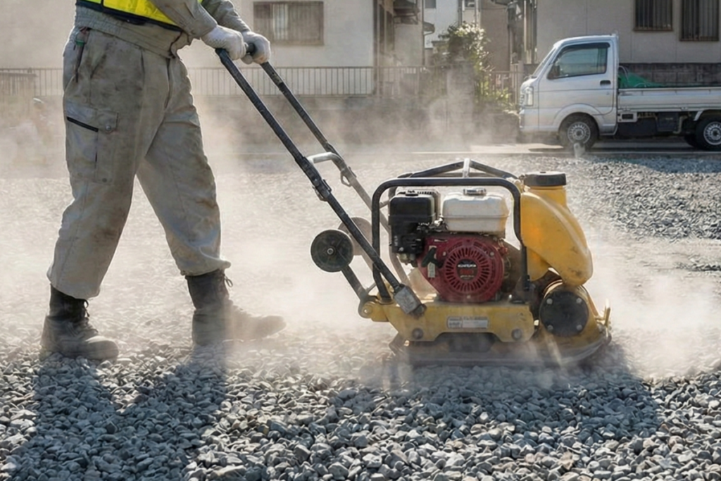 プレートコンパクター（転圧機）を使用して路盤を固める外構業者の作業風景