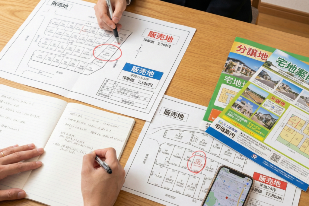 テーブルの上に広げられた分譲地の区画図と販売チラシ、打ち合わせのメモをとる手元。