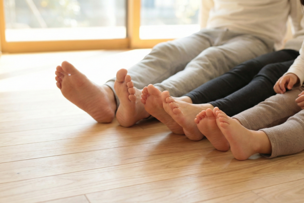 無垢フローリングの上で裸足でくつろぐ大人と子供の足元