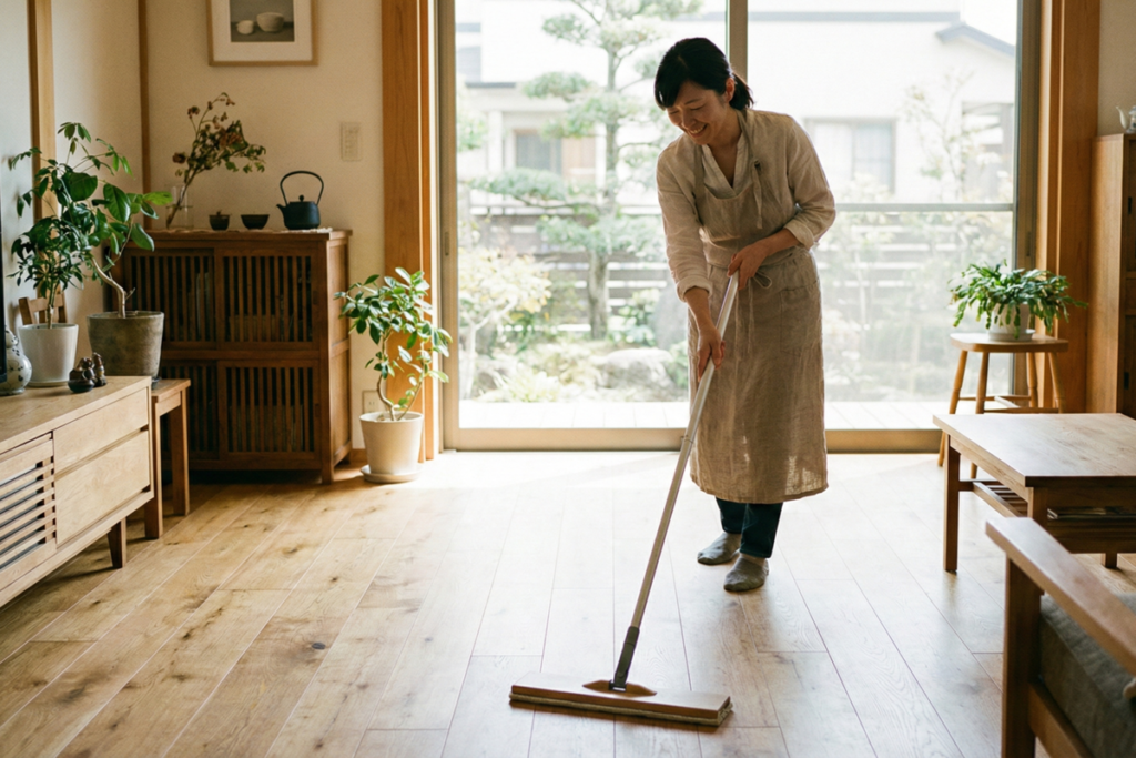 日当たりの良いリビングでモップを使い無垢床を掃除する女性
