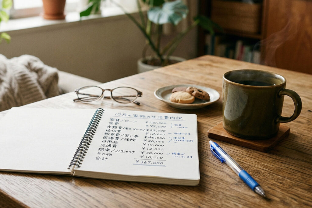 木目調のテーブルで、10月の家族の生活費内訳が記されたノートとコーヒーカップ。