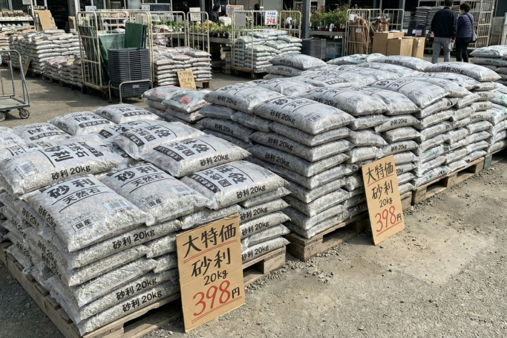 ホームセンターの資材売り場に積み上げられたDIY用の砂利の袋