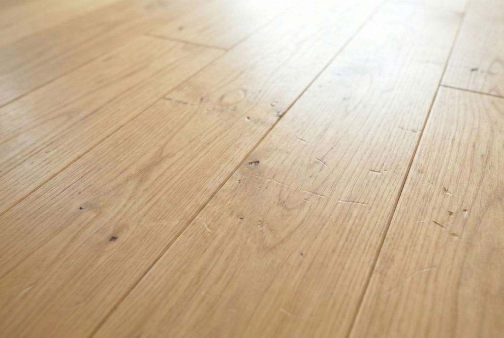 長年の使用で刻まれた無垢フローリング表面の細かな傷の質感