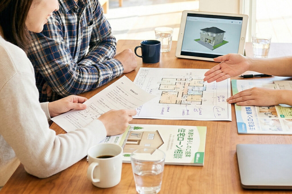 タブレットに映る建物の3Dモデルを囲み、間取り図や住宅ローンのパンフレットを広げて相談する家族。